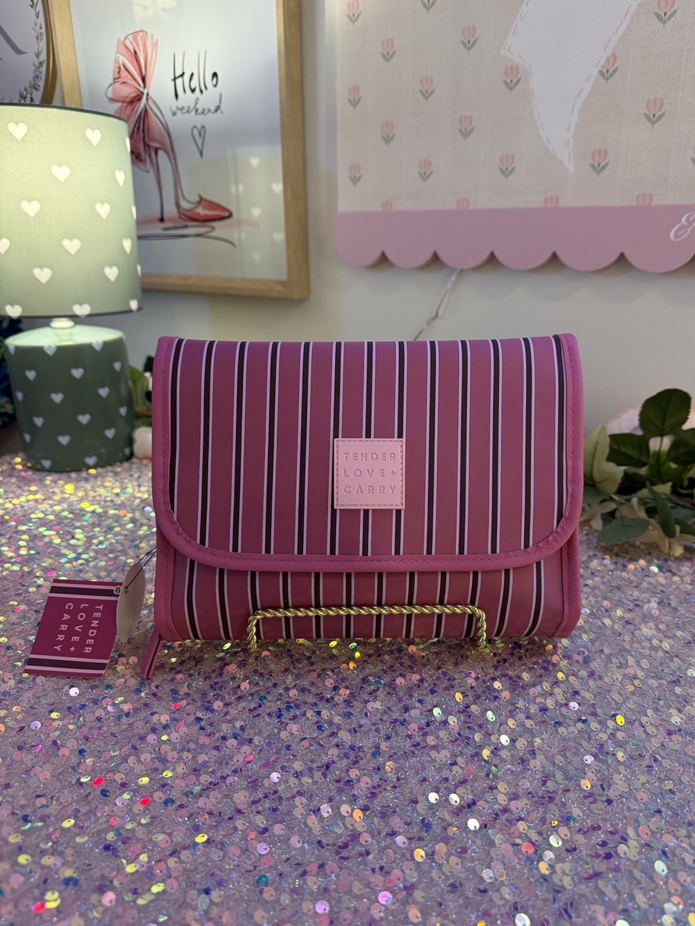 NWT Tender Love + Carry Hanging Roll-Up Toiletry Bag in Pink Striped Pattern